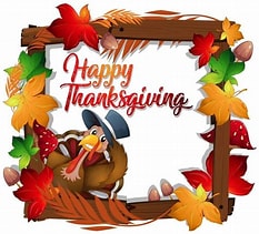 Leaves surround a turkey with the words Happy Thanksgiving.